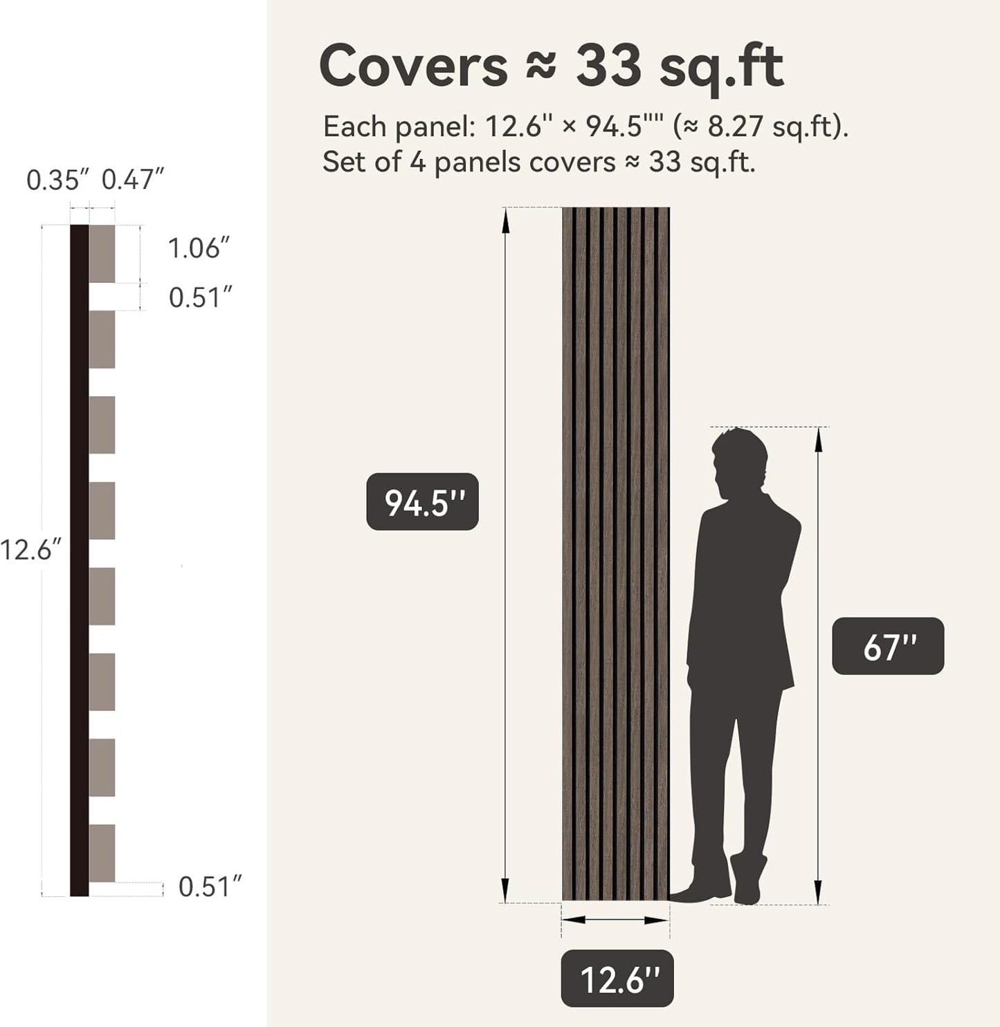 Upick MDF Acoustic Wall Panels, 4 Pack 94.5" x 12.6" 3D Slat Wood Panels for Wall, Soundproof Panels for Interior Wall Decor, Dark Walnut