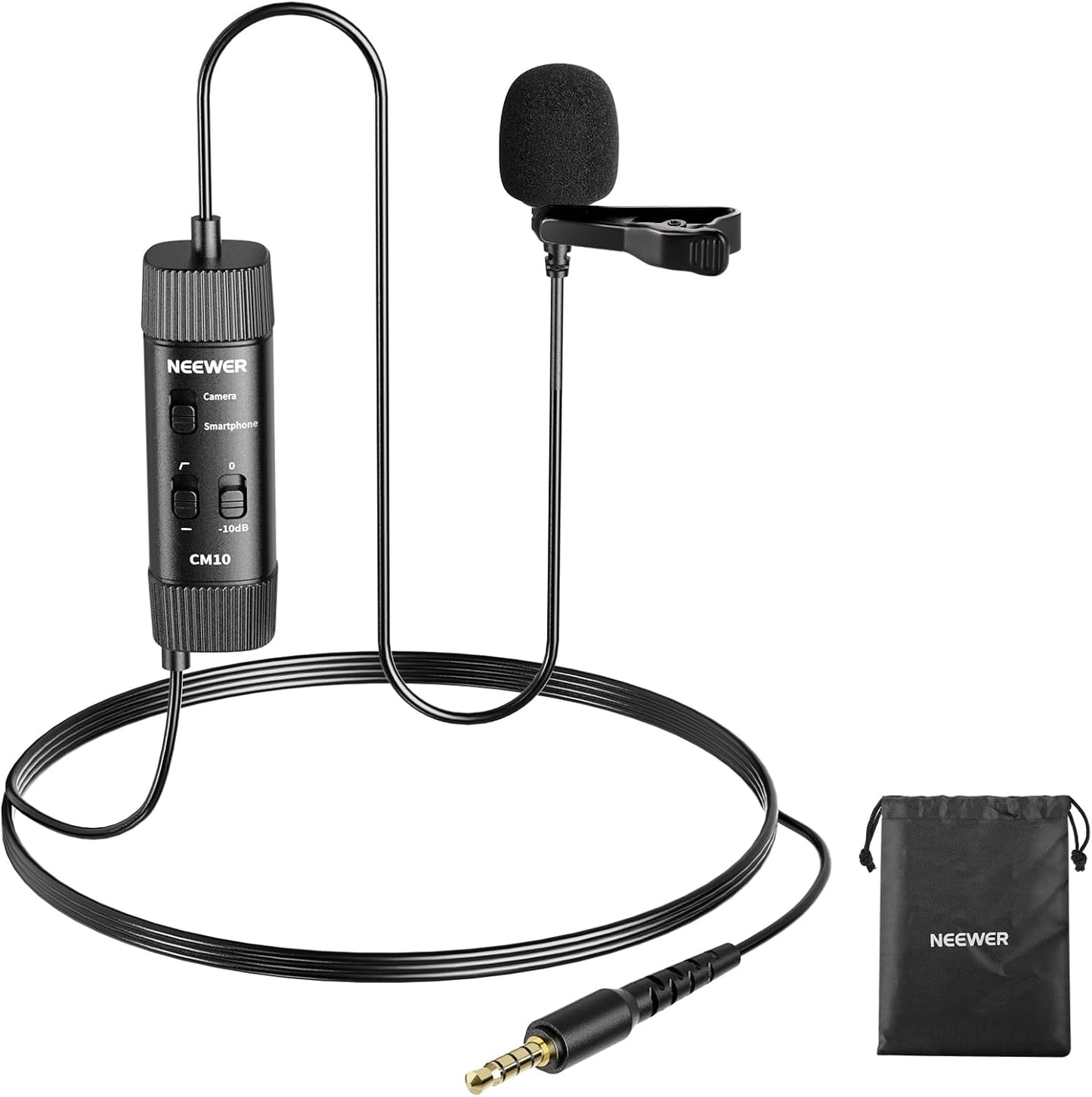 NEEWER 3.5mm TRRS Lavalier Lapel Microphone Plug & Play Mini Clip on Mic Omnidirectional Condenser for Camera Phone PC, Low Frequency Cut, Gain Control, Monitoring Headphone Jack, CM10