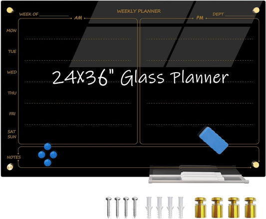 Magnetic Planner Black Glass Board 24"X36" Weekly Glass Calendar Glassboard Premium Tempered Dry Erase Boards Frameless Wall Mounted (Black)