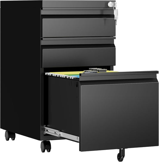 3 Drawer Mobile File Cabinet with Lock, Rolling Filing Cabinets for Home Office, Under Desk Small File Cabinet Three Drawers for Legal/Letter/A4 File, Black - Assembly Required