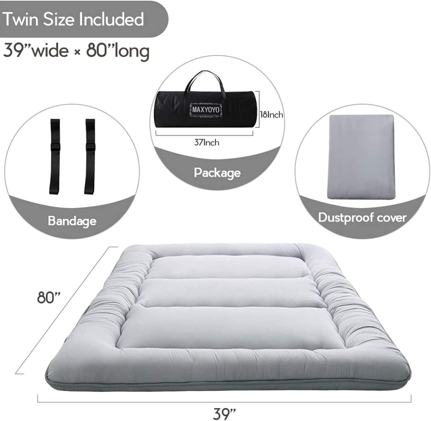 MAXYOYO Japanese Floor Mattress, Thicken Daybed Futon Sleeping Pad Foldable Roll Up Mattress Boys Girls Dormitory Floor Lounger Bed Couches and Sofas, Grey, Twin Size