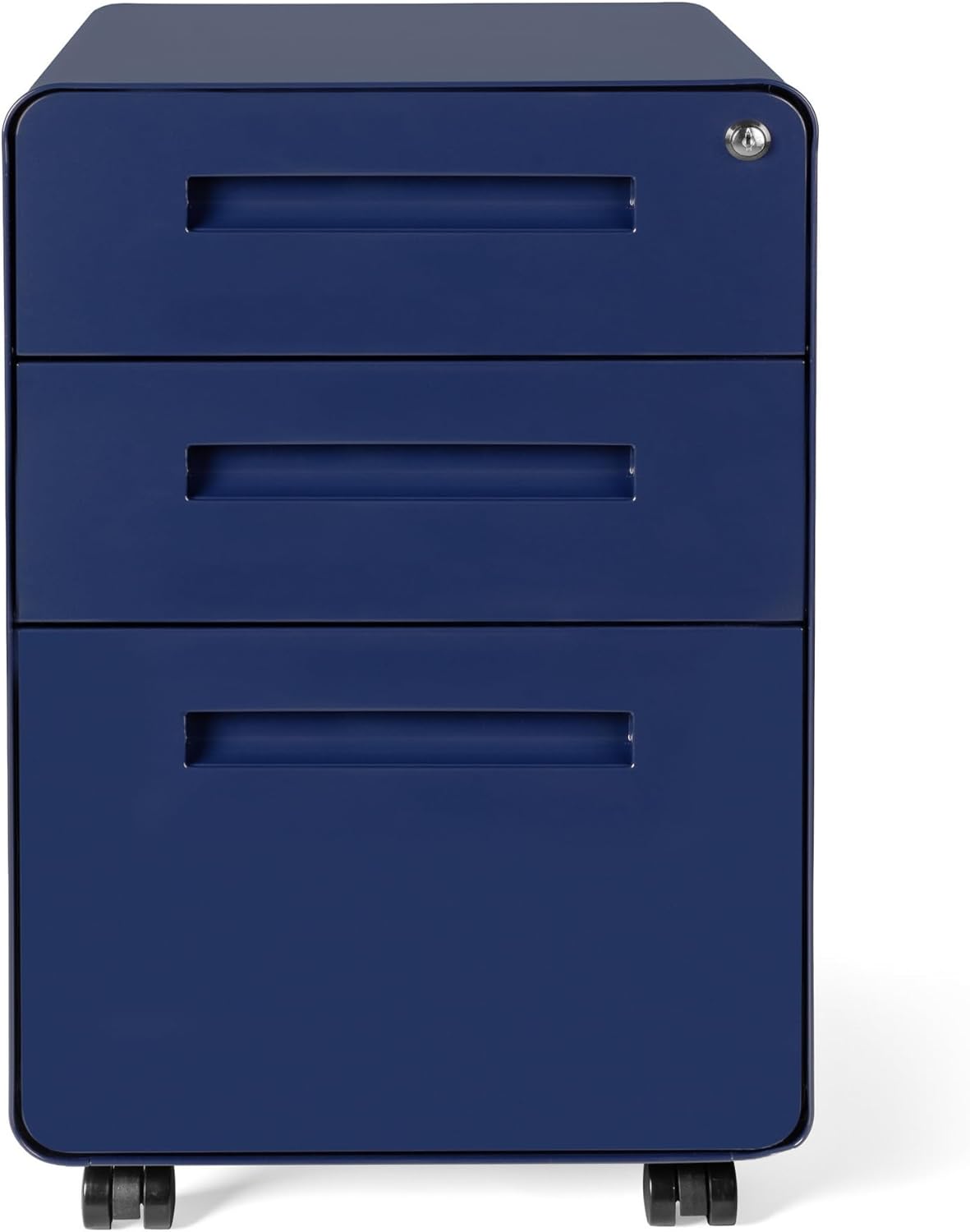 Laura Davidson Furniture Stockpile 3 Drawer File Cabinet with Lock - Under Office Desk Metal Filing Cabinet, Legal/Letter File Folders, Wheels and Stationary Feet, Pre-Assembled, Navy Blue