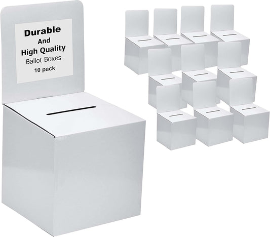 White Raffle Ticket Donation Collection Ballot Box Reusable Sturdy thick Cardboard Box with Slot comment Suggestion Box With Removable Header 6H x 6W x 6D, Display area 6H x 6W(10 pack)