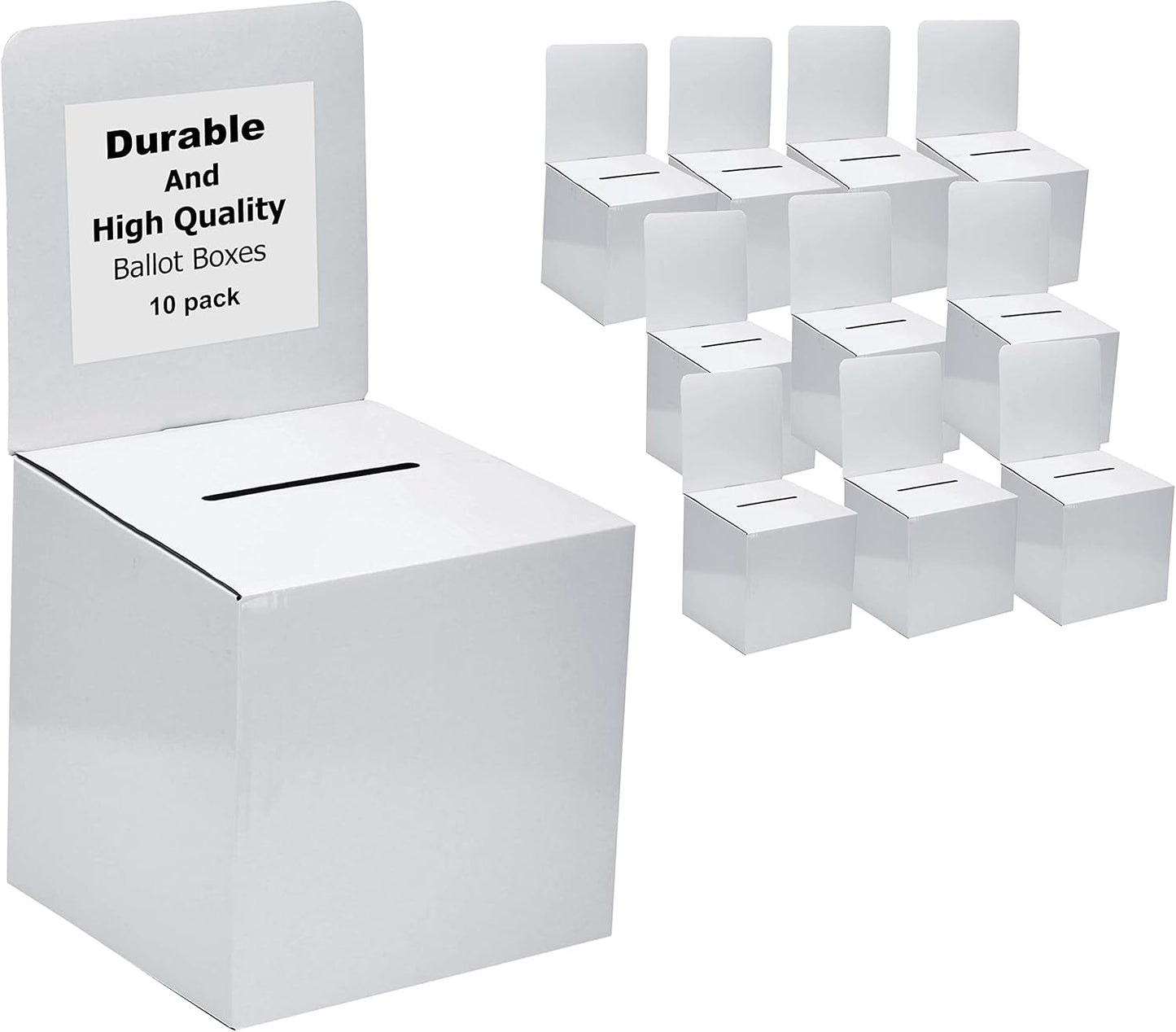 White Card Box XL raffle ticket box Corrugated Ballot and suggestion box with wide slot Donation Box & Removable Header for fundraising events 10.5H x 10.5W x 10D, Display area 11" x 10.5"(10 pack)