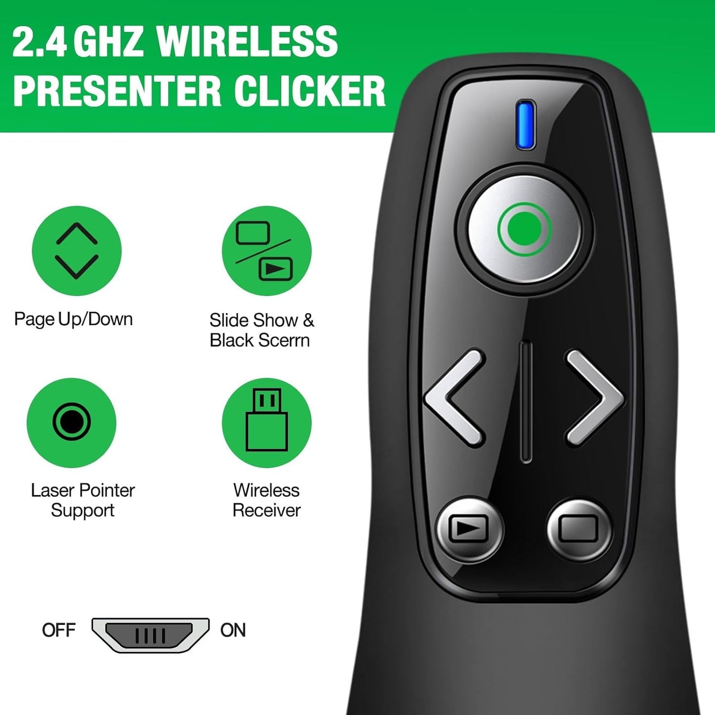2-in-1 USB Type C Presentation Clicker Wireless Presenter Remote with Green Light for PowerPoint, Powerpoint Clicker with Volume Control PowerPoint Slide Advancer for Mac, Computer, Laptop