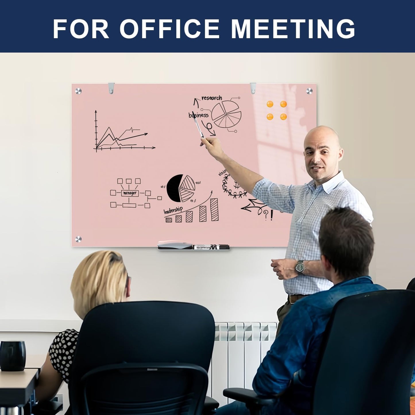 TSJ OFFICE Glass Dry-Erase Board - 36 x 24 Inches Wall Mounted Magnetic Whiteboard, Large Frameless Glass White Board for Office, Home & School, Pink
