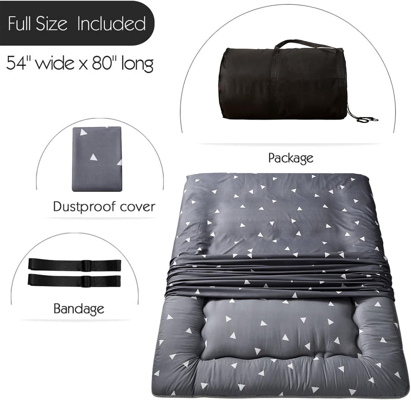 MAXYOYO Grey Triangle Printed Japanese Futon Floor Mattress, Thicken Sleeping Pad Floor Bed Roll Up Camping Guest Mattress Folding Couch Bed, Full Size