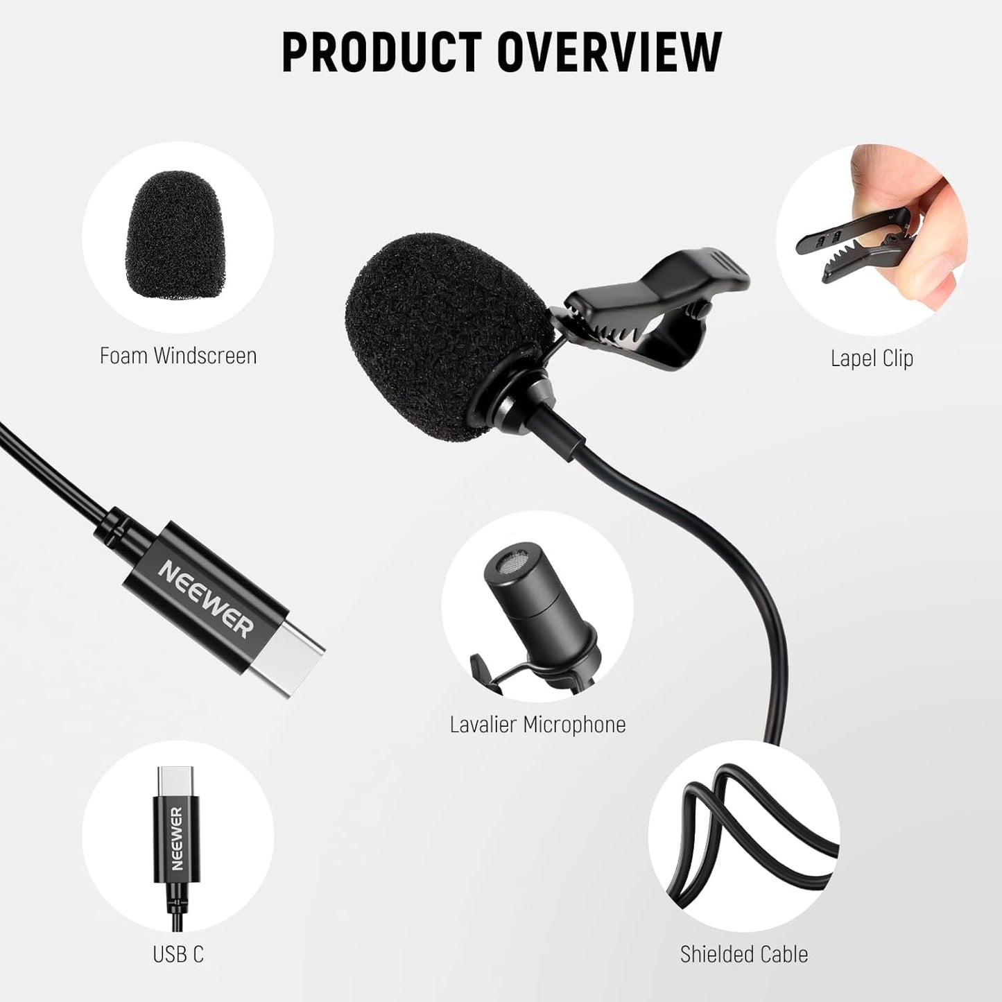 NEEWER Mini USB C Lavalier Microphone 2 Pack Compatible with iPhone 16 15 Pro Max Android Phone Tablet PC, Clip On Omnidirectional Condenser Lapel Mic with 2m/6.6ft Cable