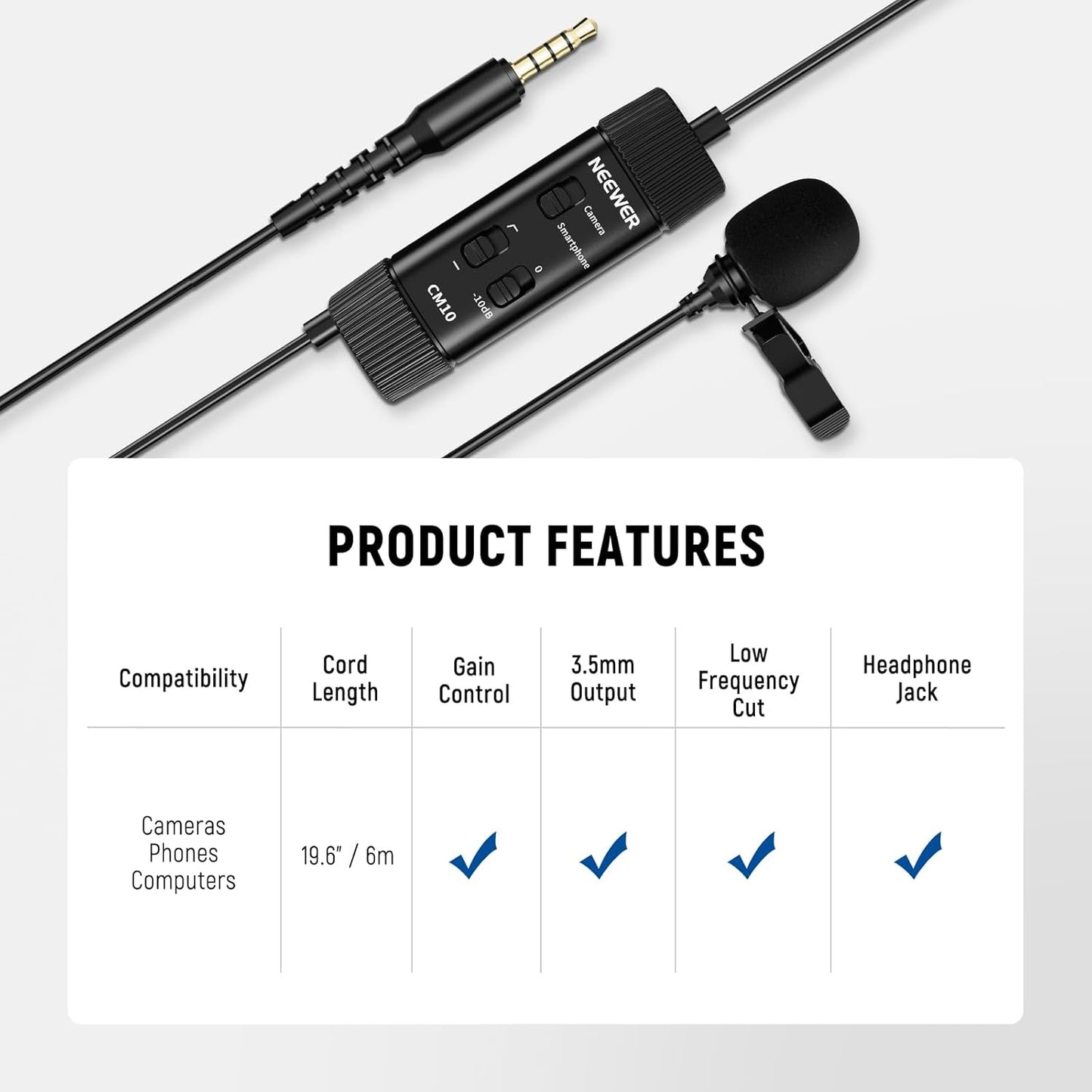 NEEWER 3.5mm TRRS Lavalier Lapel Microphone Plug & Play Mini Clip on Mic Omnidirectional Condenser for Camera Phone PC, Low Frequency Cut, Gain Control, Monitoring Headphone Jack, CM10