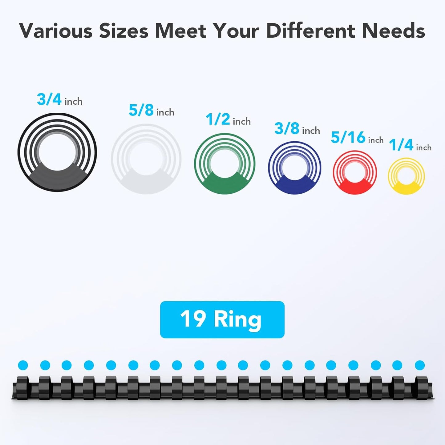 MAKEASY 150 Pack Multi-Size Multi-Color 19-Ring Comb Binding Spines for LTR, 1/4", 5/16", 3/8", 1/2", 5/8", 3/4", Pack of 150