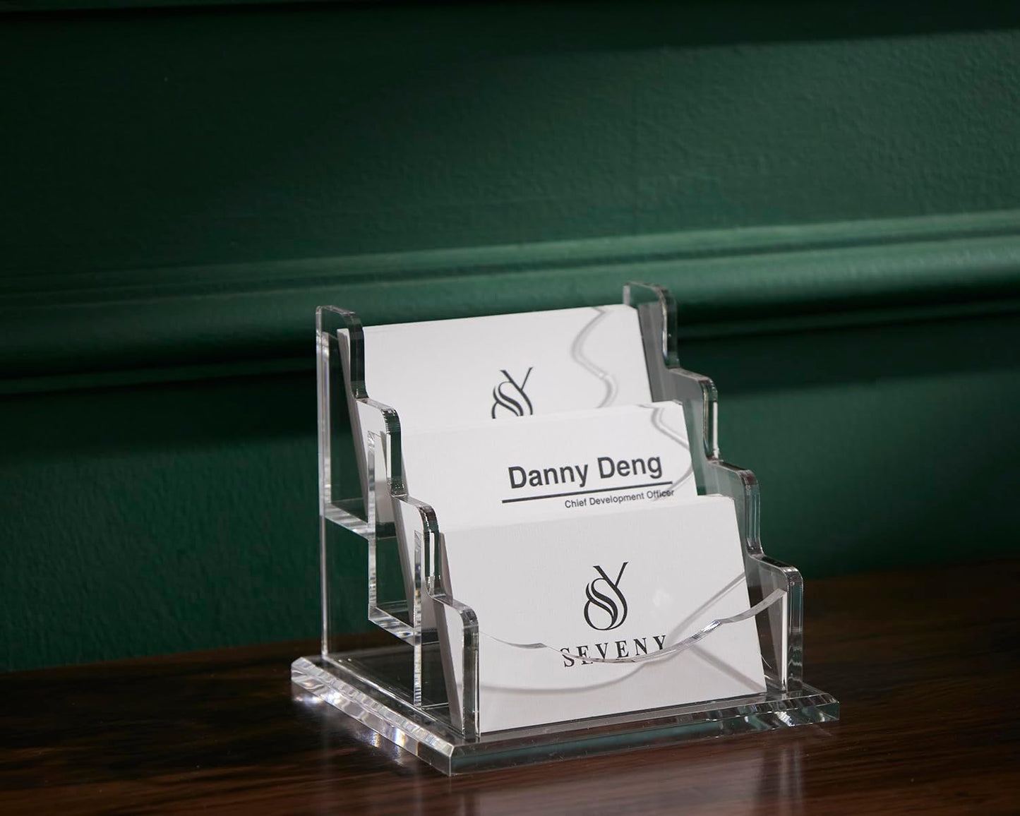SEVENY Business Card Holder, Clear Acrylic Cards Organizer Stand for Men and Women, Business Cards Case Rack 1 Pack, Holds 180 Cards-3 Slot