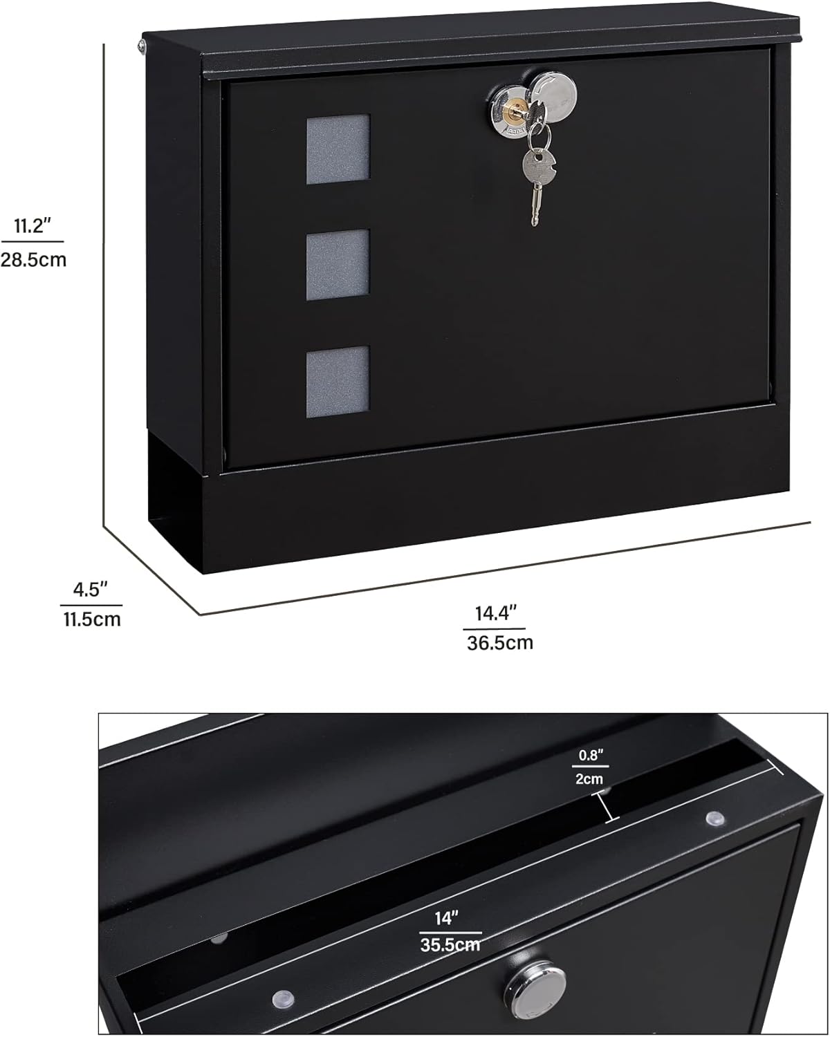 LAND·VOI Locking Mailbox Wall Mounted, Metal Postbox with Three Sets of Mail Box Number Stickers, 4 Keys, 14.4" x 4.5" x 11.2", Large Capacity, Black, AMB11B