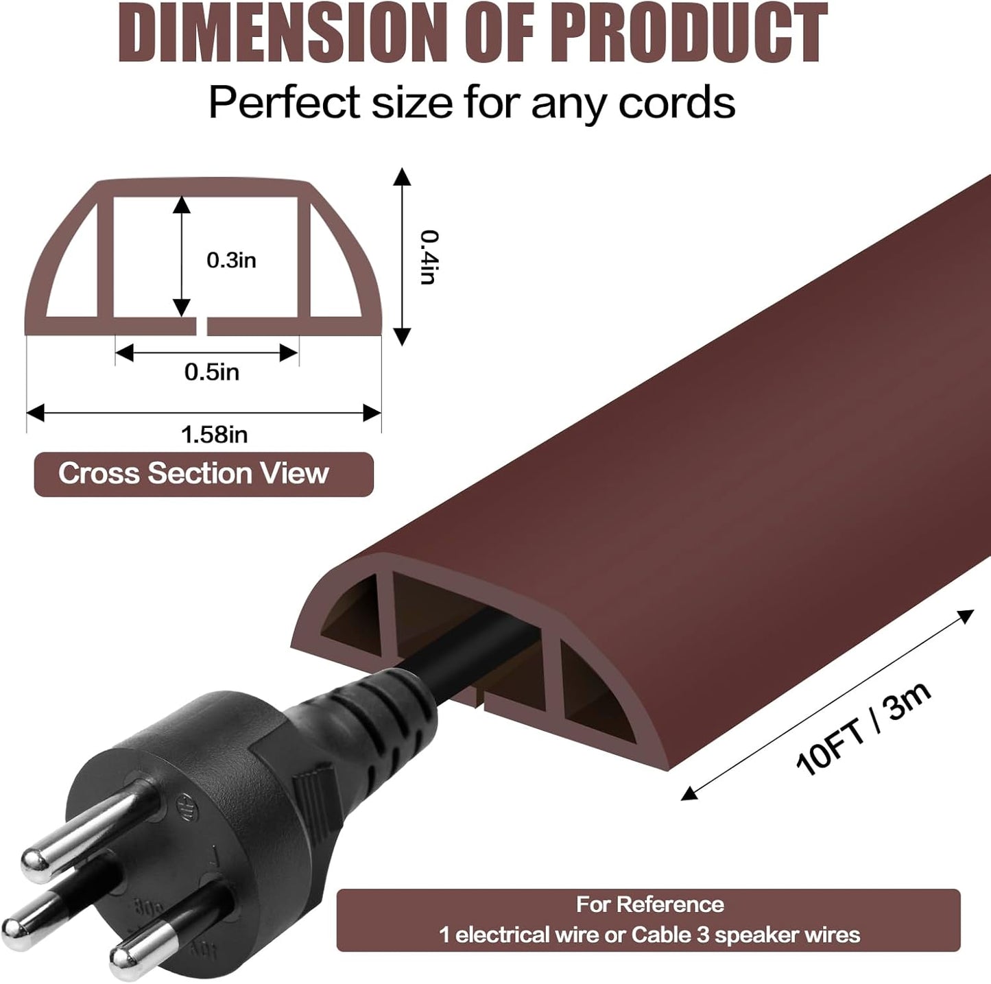 Floor Cord Cover Self Adhesive Cord Hider,10FT Cable Management, Extension Strip Protector for Wires, Prevent Cable Trips for Offices, Gyms, Exhibitions Cavity:0.51"(W) x 0.3"(H) Coffee
