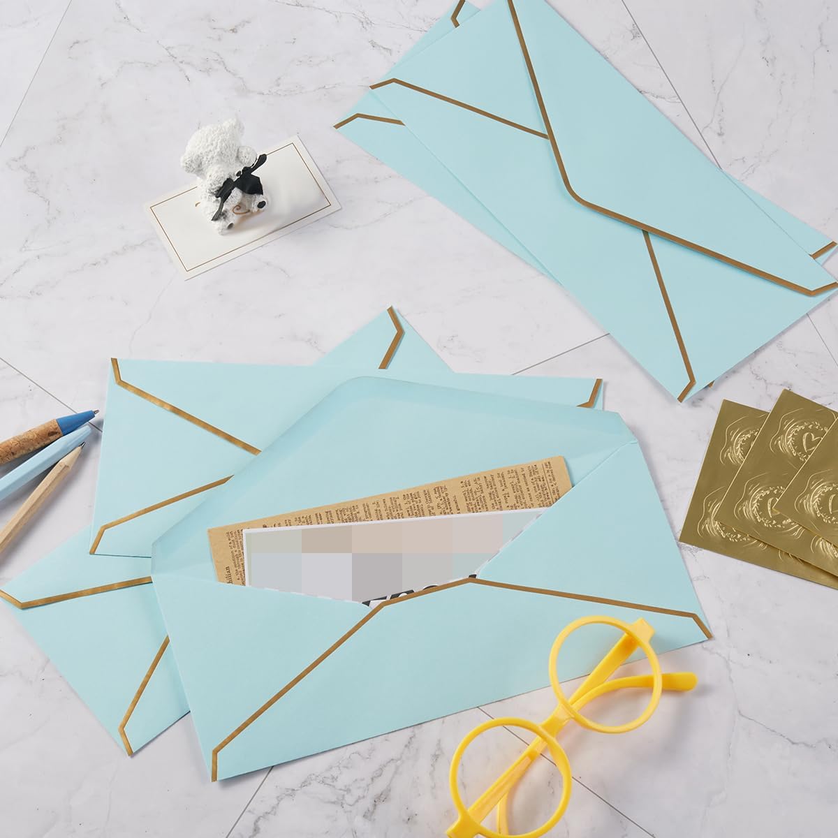 30 Pack Thick #10 Business Envelopes with Gold Border, 4 1/8 x 9 1/2 Thick Paper Standard Envelopes with Stickers for Office, Checks, Letter Mailing, Invoices (Light Blue)