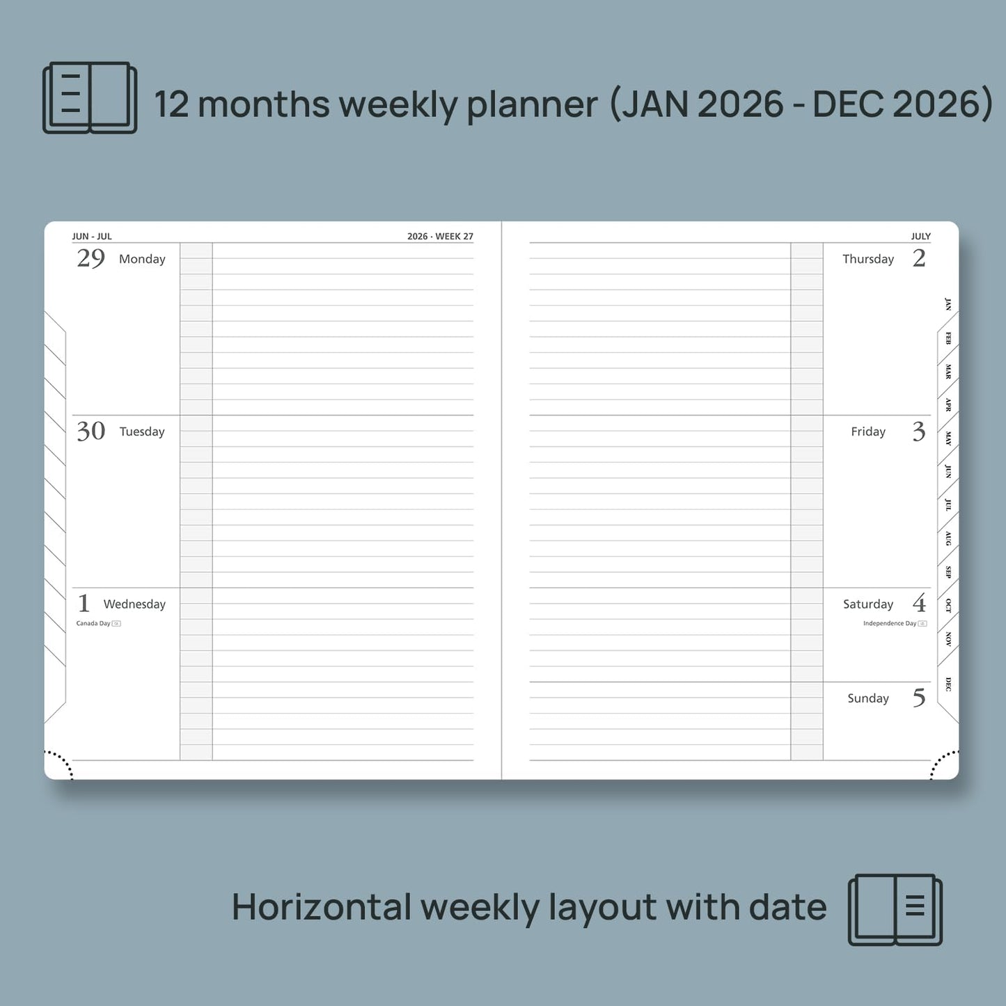 POPRUN Weekly Planner 2026 Calendar (Large 8.5" x 10.5") 12 Months Notebook with Horizontal Layout, Leather Hardcover, Inner Pocket, 100GSM Thick Paper, Pen Holder - Black