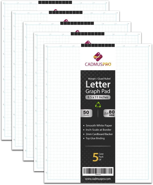 Letter 8.5"x11" Premium Graph Pad, ¼” Quad-Ruled Grid, 21-Gram Thick Paper, Inch-scale, 50 Sheets/Pad, Top Glue Binding. Sketching & Drafting. (5)