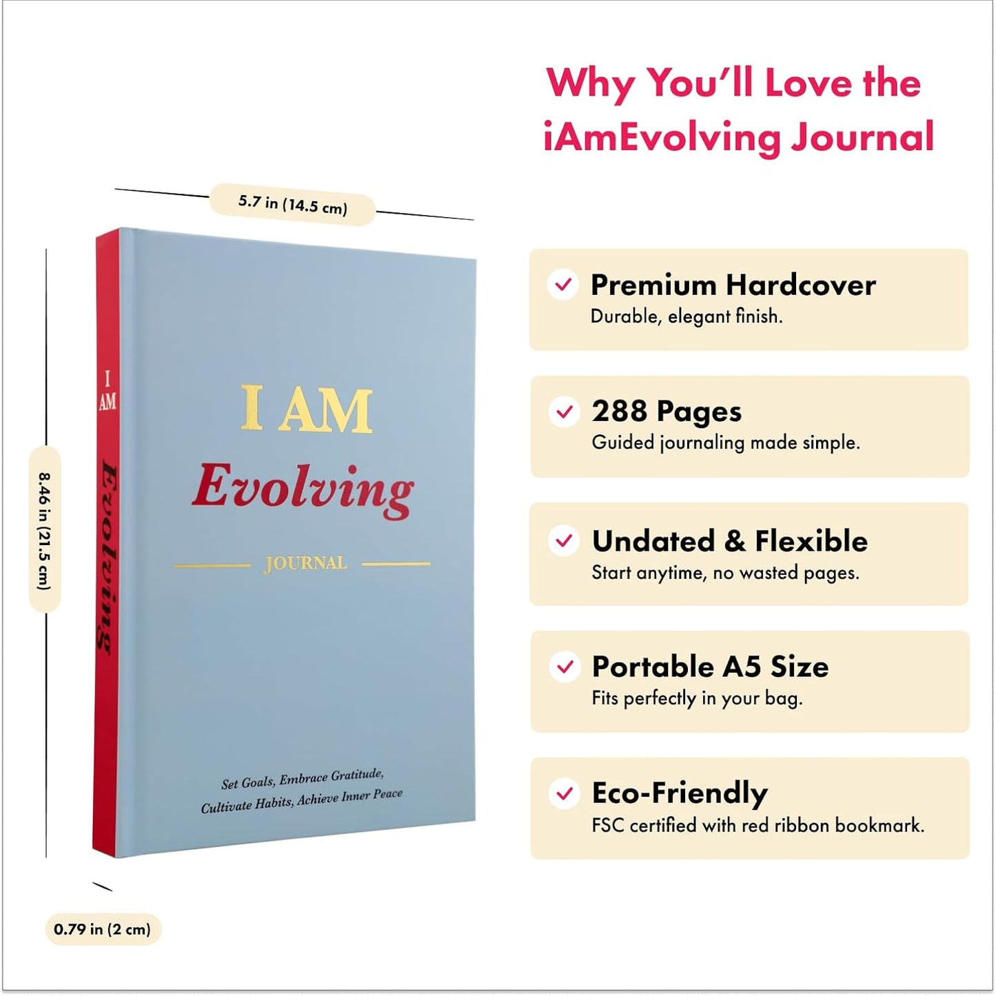 iAmEvolving Personal Growth Journal: Set Goals, Embrace Gratitude, Cultivate Habits, Achieve Inner Peace - Undated, A5, 288 Pages, Hardcover, Columbia Blue