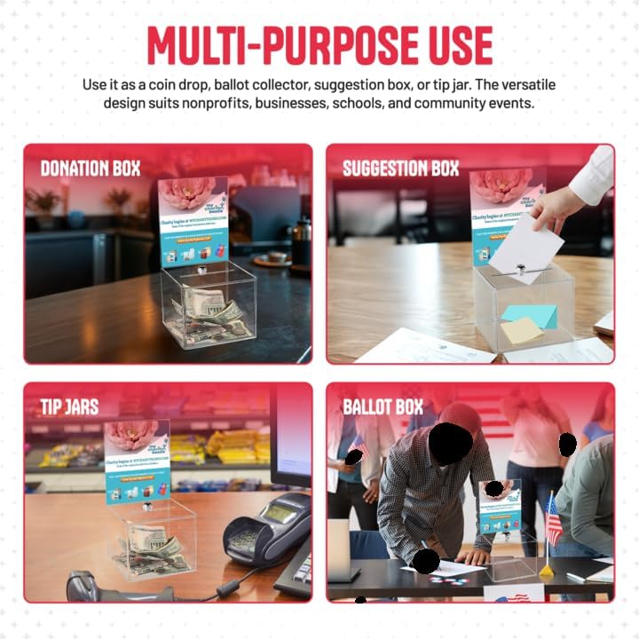 Clear Donation Box for Fundraising with Lock & Display Sign Holder, Raffle Box, Tip Box, Secure Ballot Box and Suggestion Box with slot, Extra large Ticket Box size 16" x 8" x 6" (2 pack)