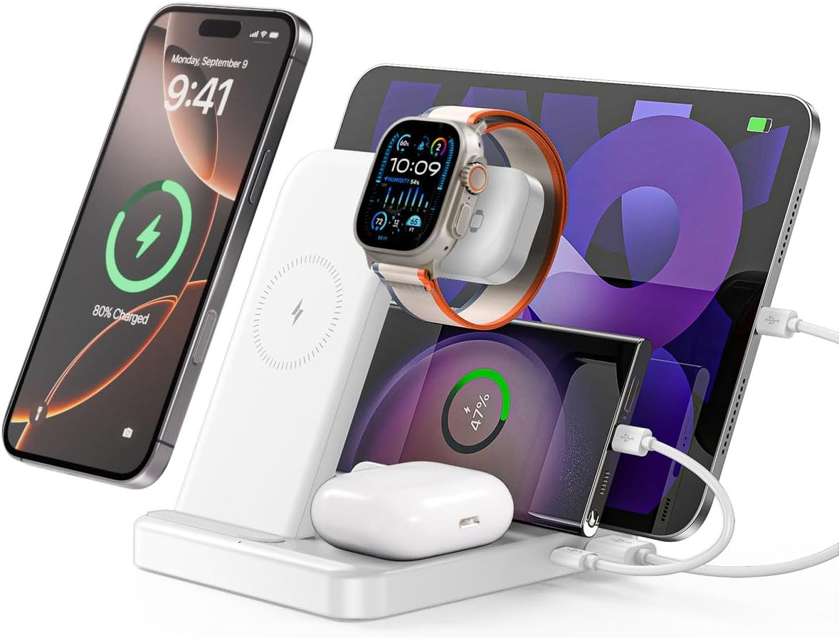 Intoval 5-in-1 Charging Station, for iPhones 17/17 Pro/17 Pro Max and Androids, iPad Pro/Air/Mini, Apple Watch 11/Ultra 3/Ultra 2/Ultra/10/9/8/7/SE, Wireless Charging Dock for Multiple Devices (White)