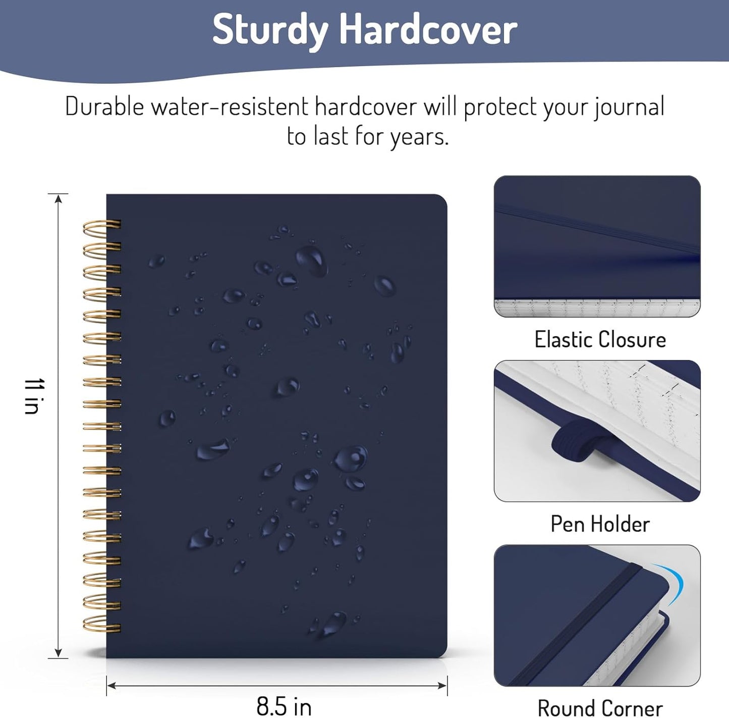 Forvencer A4 Lined Spiral Journal Notebook with 300 Numbered Pages, 11" X 8.5" College Ruled Thick Journals for Writing with 100GSM Paper, Hardcover Notebooks with Contents for Work, School, Navy