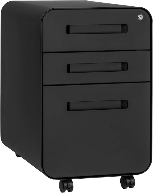 Laura Davidson Furniture Stockpile 3 Drawer File Cabinet with Lock - Under Office Desk Metal Filing Cabinet, Legal/Letter File Folders, Wheels and Stationary Feet, Pre-Assembled, Black