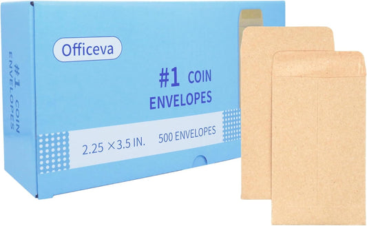 Budgenix #1 500 Pcs Small Coin Envelopes 2.25" x 3.5" with Gummed Flap, Brown Kraft Mini Envelopes for Storing Seeds, Keys, Stamps, Tips and Small Items