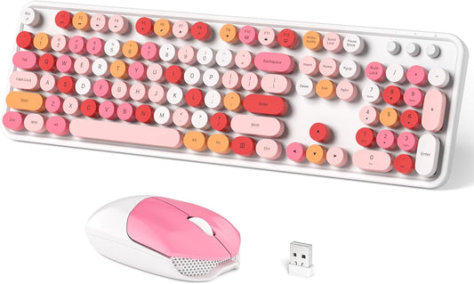 Wireless Keyboard and Mouse Combo, MOWUX Full Size Typewriter Retro Round Computer Keyboard, Mouse Wireless, Plug and Play, for Laptop, PC, Computer- White Colorful