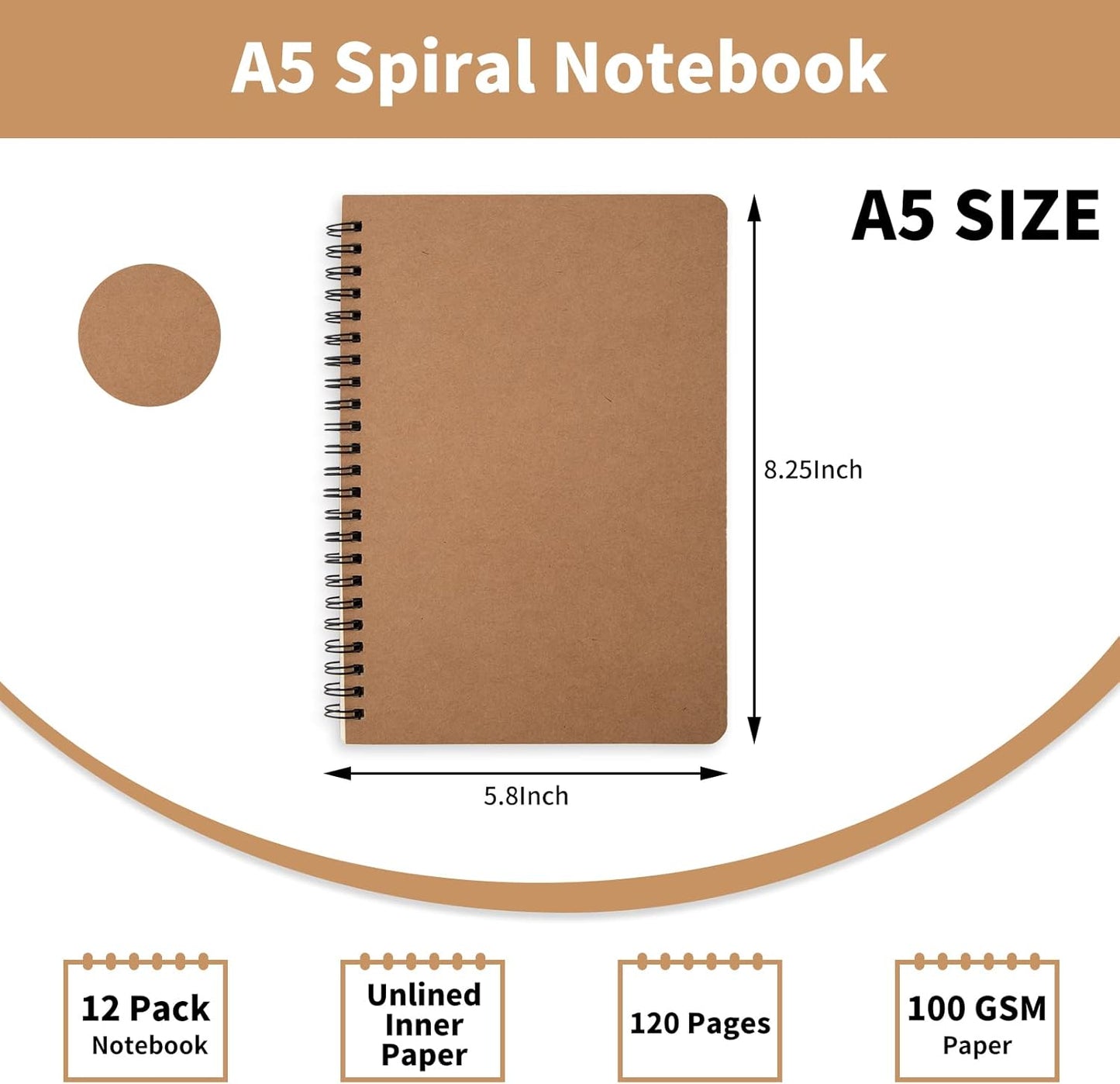 12 Pack Unlined Spiral Notebook- A5 Blank Journal, Unlined Notebook, Soft Cover Kraft Journal for Drawing, Writing, Office Supplies, School Supplies- 60 Sheets/120 Pages- 8.2 x 5.8