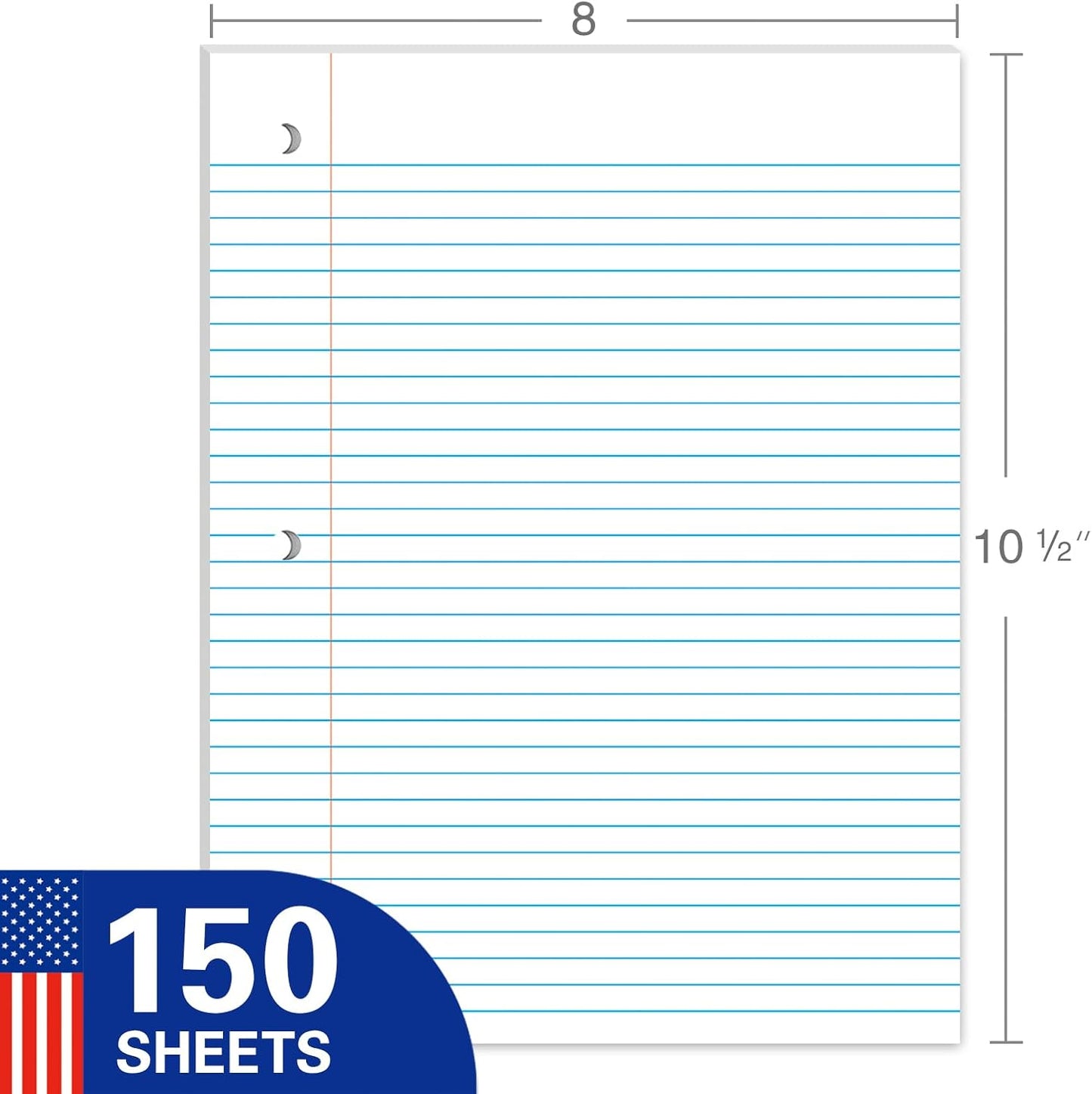 Notebook Paper College Ruled Loose Leaf Paper, Standard 8"x10-1/2",3 Hole Punched Binder Paper For 3 Ring Binder,150 Sheets/Pack, 4 Pack, White, MADE IN USA