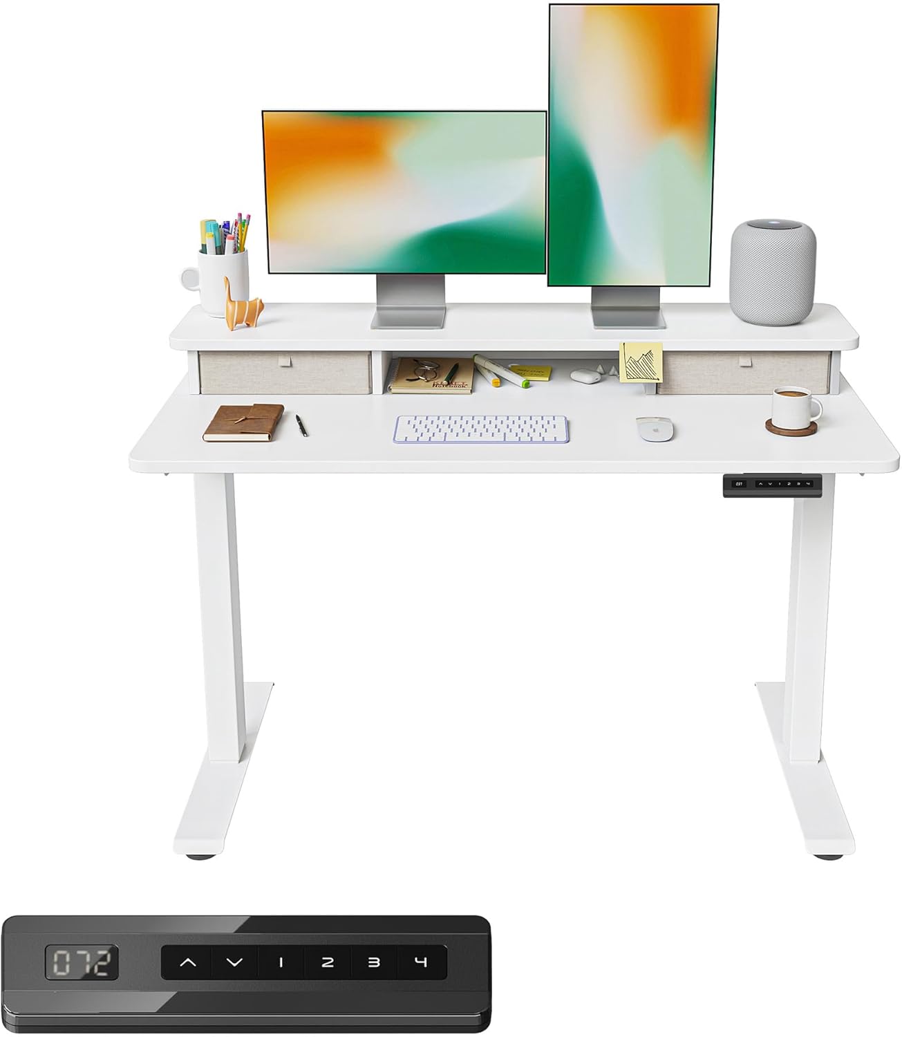 FEZIBO 48 x 24 Inch Height Adjustable Electric Standing Desk with Double Drawer, Computer Desk, Home Office Stand Up Table with 4 Height-Adjustable Feets & 2 Hooks, White