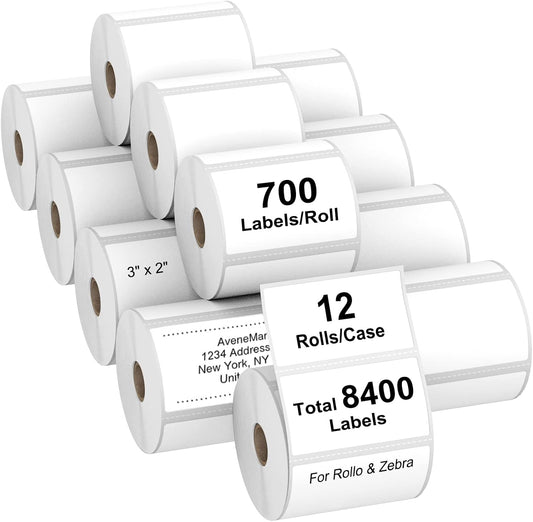 AveneMark 12 Rolls 3” X 2” Direct Thermal Labels for Barcodes, Address Labels Perforated & Compatible with Rollo & Zebra Desktop Label Printers (700/Roll)