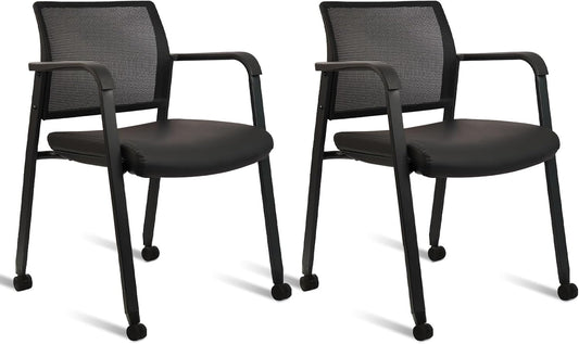 CLATINA Stacking Office Chair with Wheels, Mesh Back Waiting Room Guest Chairs with Arms Comfortable Leather Cushion Stackable Desk Chair for Conference Reception School Side Stationary, Black, 2PK