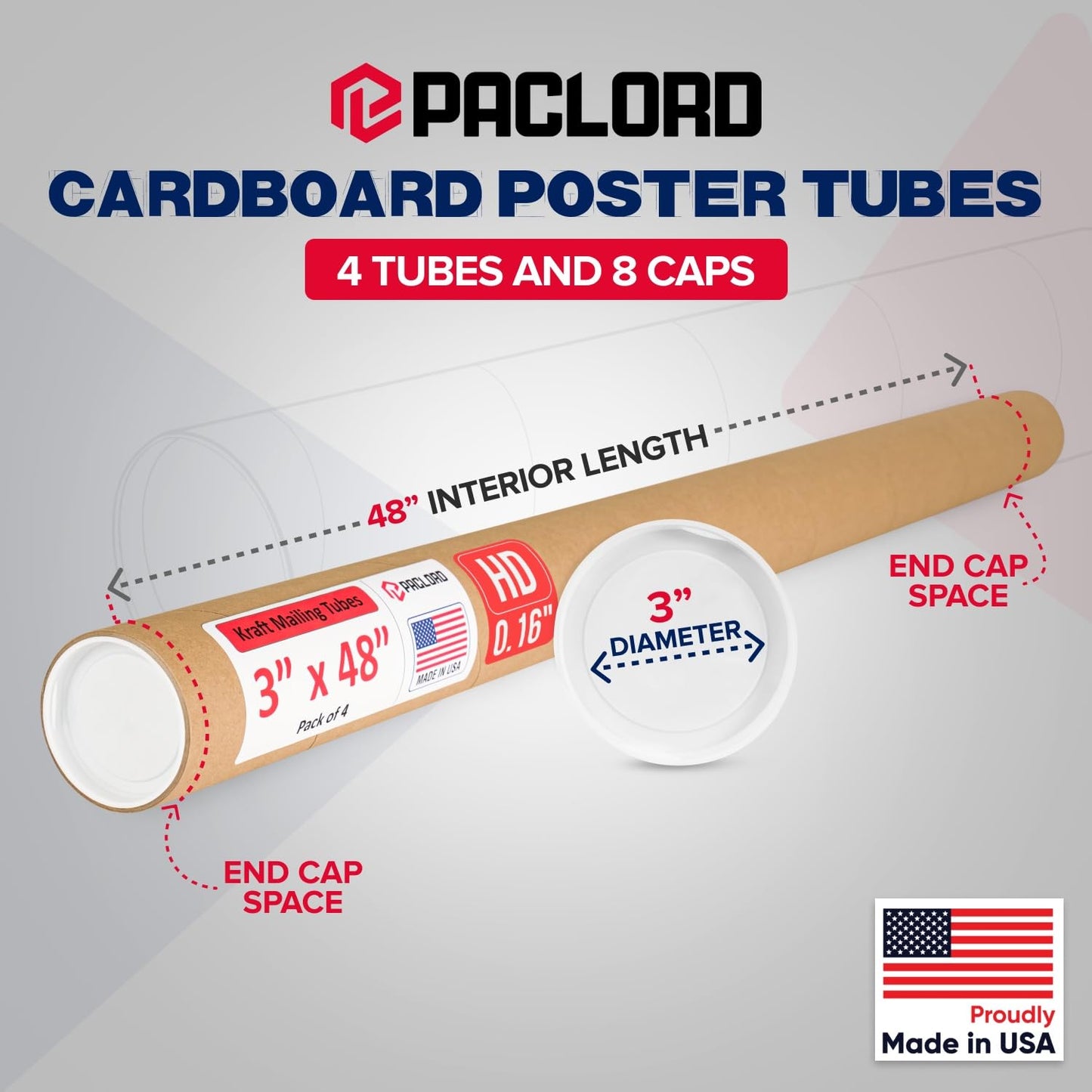 3" x 48" Heavy-Duty Reinforced Cardboard Mailing Tube, Pack of 4 Tubes with 8 Caps – Secure USPS Approved – Great for Shipping and Storing of Prints, Artwork, Posters or Documents