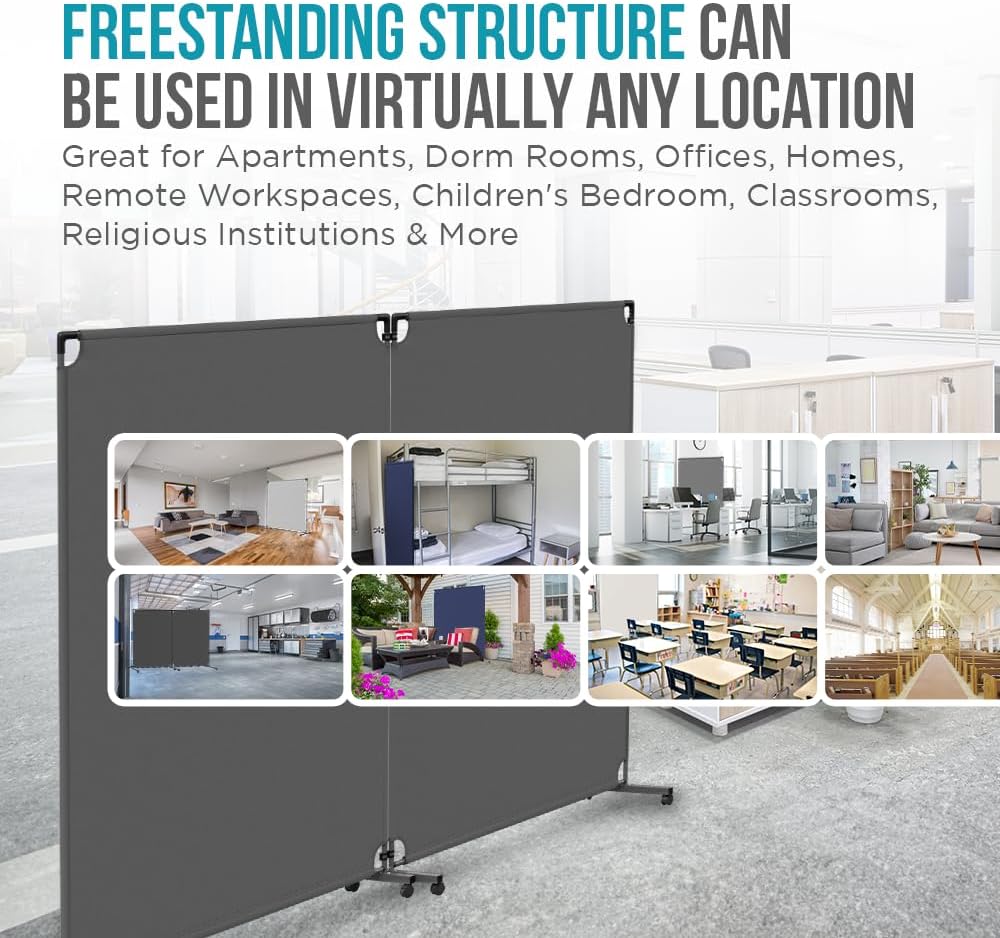 Steel-AID 100-inch Rolling Privacy Room Divider - Freestanding Office Wall Partition with Non See-Through Blackout Screen - Sturdy & Durable Iron Frame - Rolling Wheels - Black, White, Gray & Blue