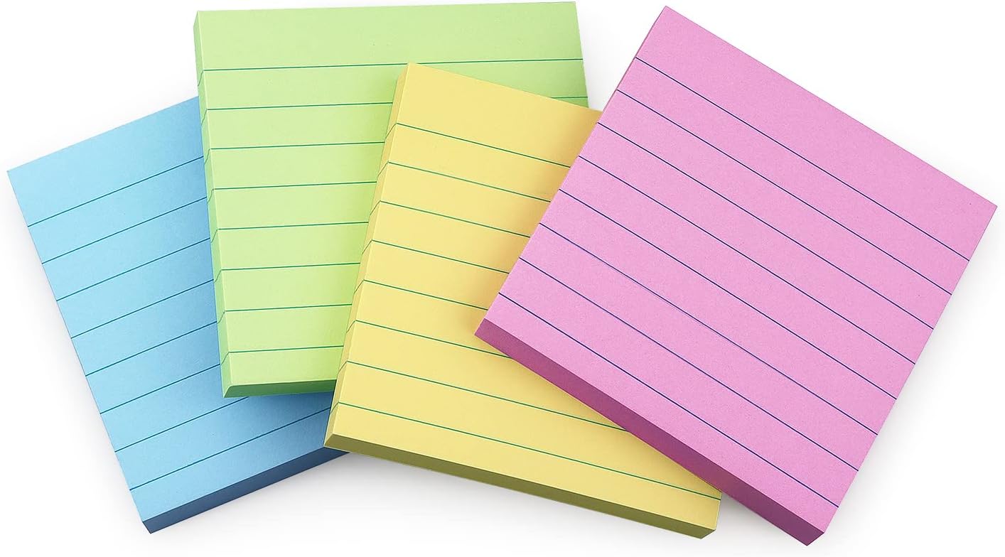 Lined Sticky Notes 3x3 Sticky Notes with Lines Self-Stick Notes Bright Color 4 Pads 90 Sheets/Pad (Pastel)