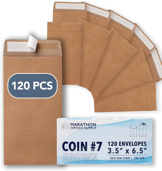 MOS #7 Brown Coin Envelopes 3.5 x 6.5 Inch 120 Pack — Self-Seal Kraft Money Envelopes for Cash, Budgeting, Savings Challenges, Seed Storage, Small Parts