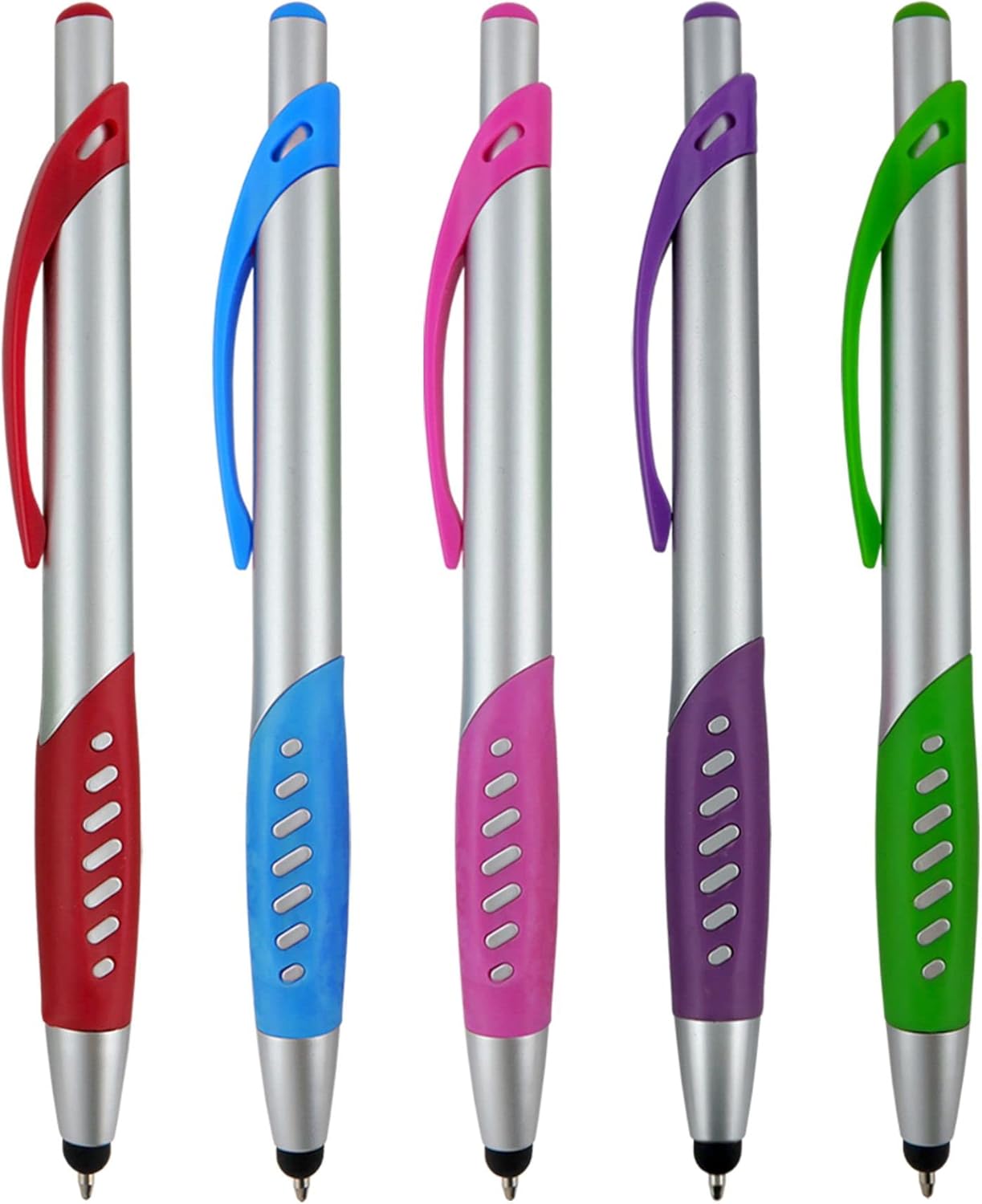 2 in 1 Capacitive Stylus & Ballpoint Pen Comfort Grip for Any Touchscreen Device, iPad, iPhone 6,6 Plus, iPod, Android, Galaxy, Dell, Note, Samsung (Silver-5 Pack)