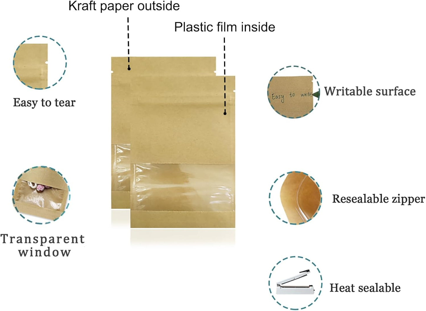 FERENLI 100 Pack 5.1x7.08 inch Small Resealable Seed Coin Envelopes Bags with Clear Window Brown Kraft Paper Heat Seal Packets for Flower Vegetable Seeds Storage Party Favor Pet Food Sample Bag