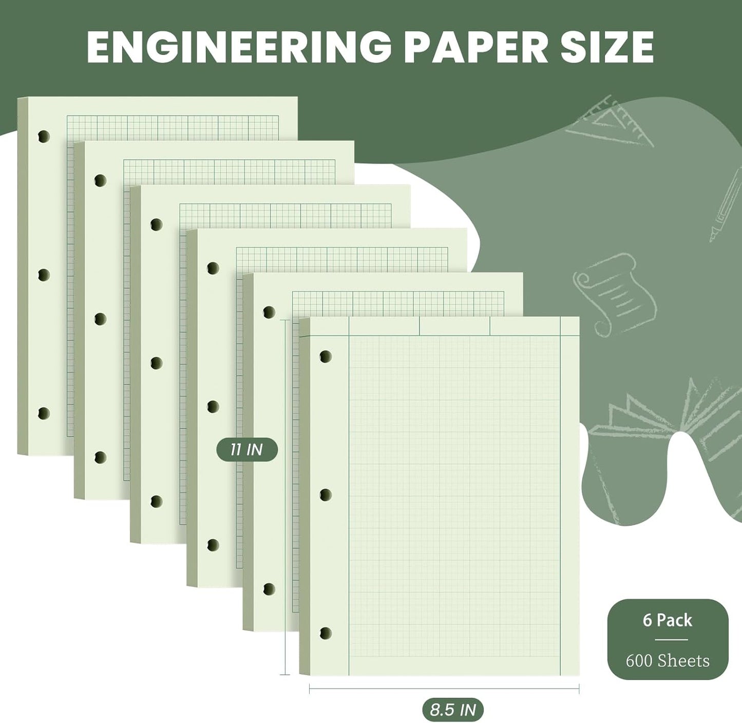 Engineering Computation Pad, 6 Pack Engineering Paper 8.5 x 11, 5x5 Quad Ruled, Top Glue Binding Engineering Notebook 8.5 x 11, 3-Hole Punched Grid Paper, Graph Paper Notebook 100 Sheets Per Pad
