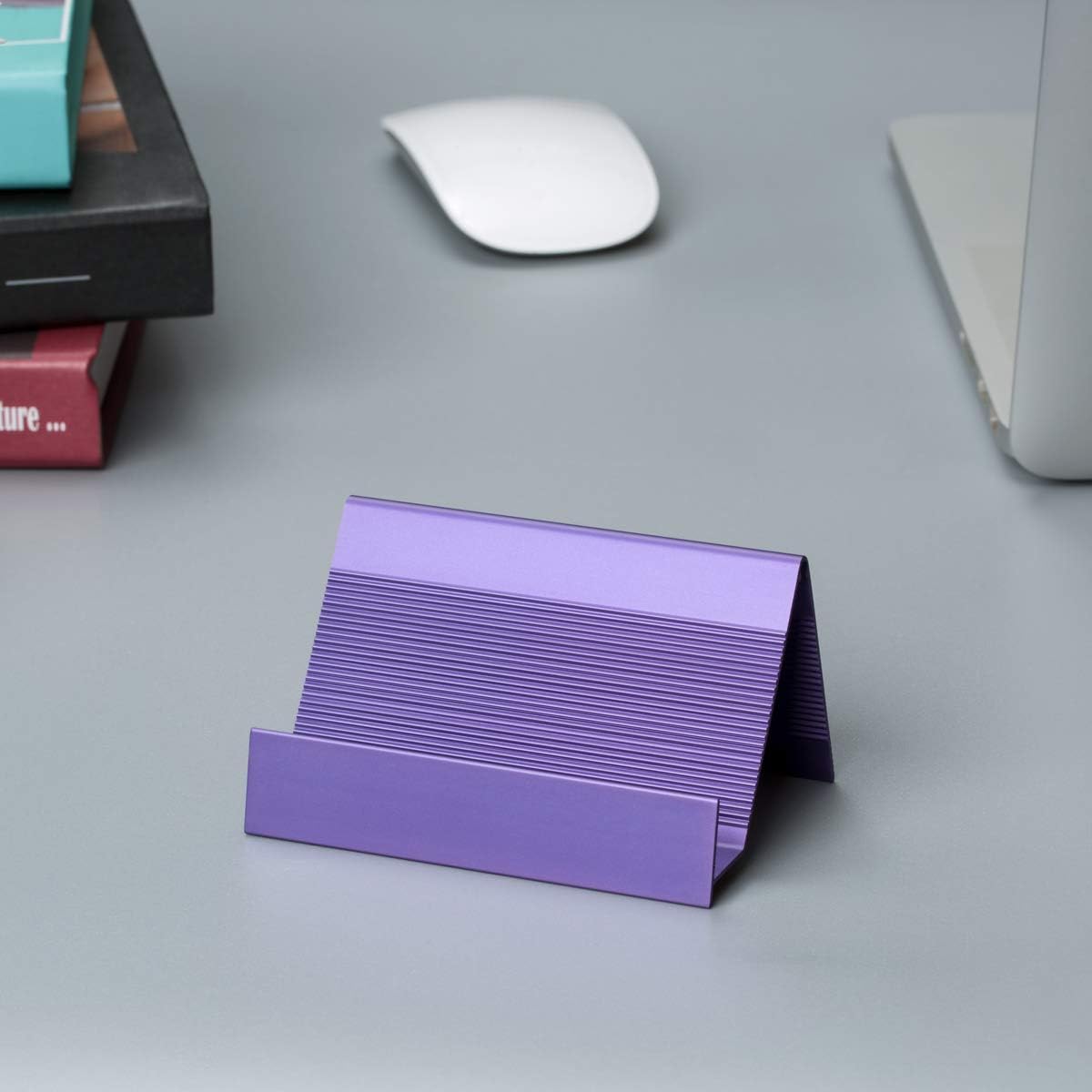 Business Card Holder for Desk 1 Pack Aluminum Business Card Holder Display Violet Blue Business Card Stand Desktop Business Card Desk Holder for Agency, Office, 35-50 Business Cards Capacity