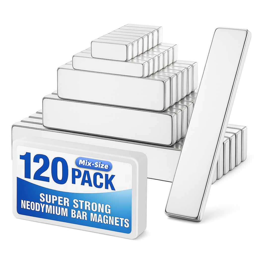 Grtard 120 Pack Powerful Neodymium Bar Magnets, Rare Earth Magnet Bar, Rectangle Magnet, Neodymium Magnets for Outdoor, Fridge, Whiteboard-Mix Size