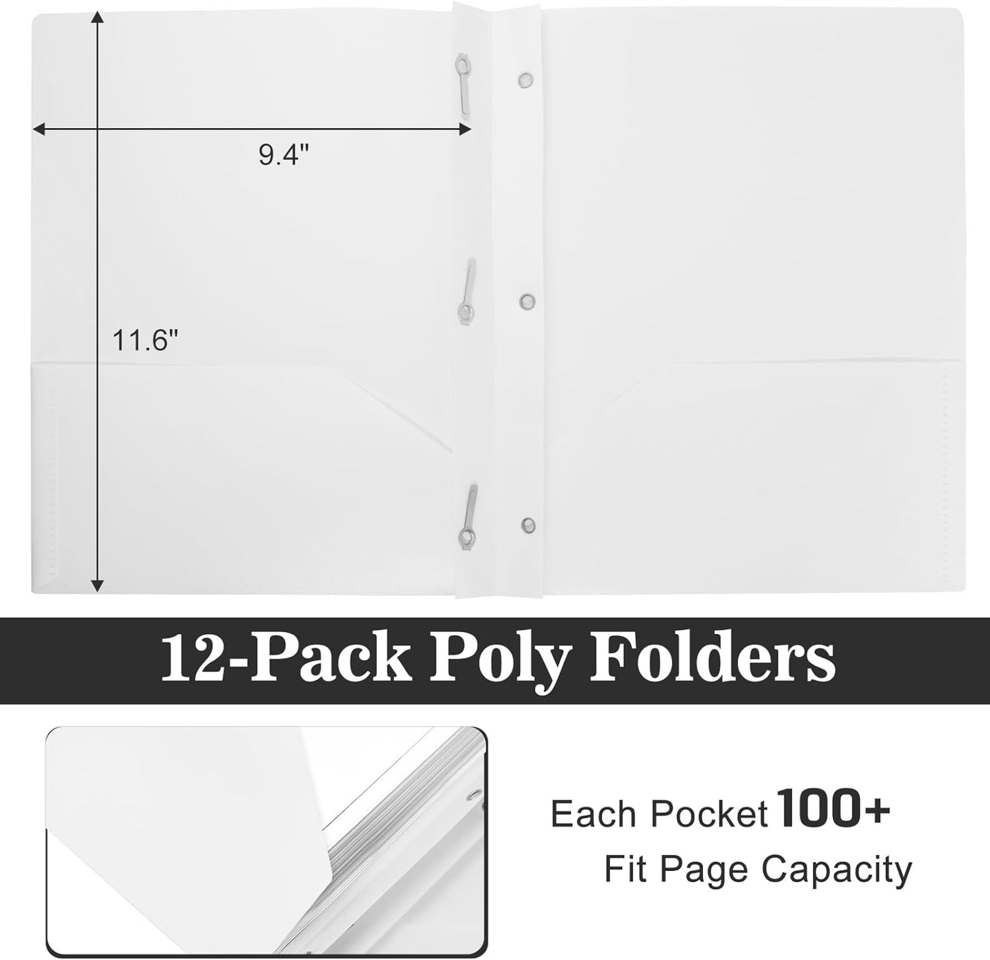 12-Pack Plastic Folders with Pockets and Prongs,2-Pocket Folders with 3 Fasteners, Poly Folders Holds 8-1/2" x 11" Paper for School/Office/Home, White