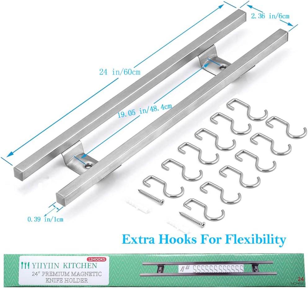YIIYIIN 24-Inch Magnetic Knife Holder for Wall – 304 Stainless Steel Knife Strip with 12 Hooks – Magnetic Knife & Utensil Rack