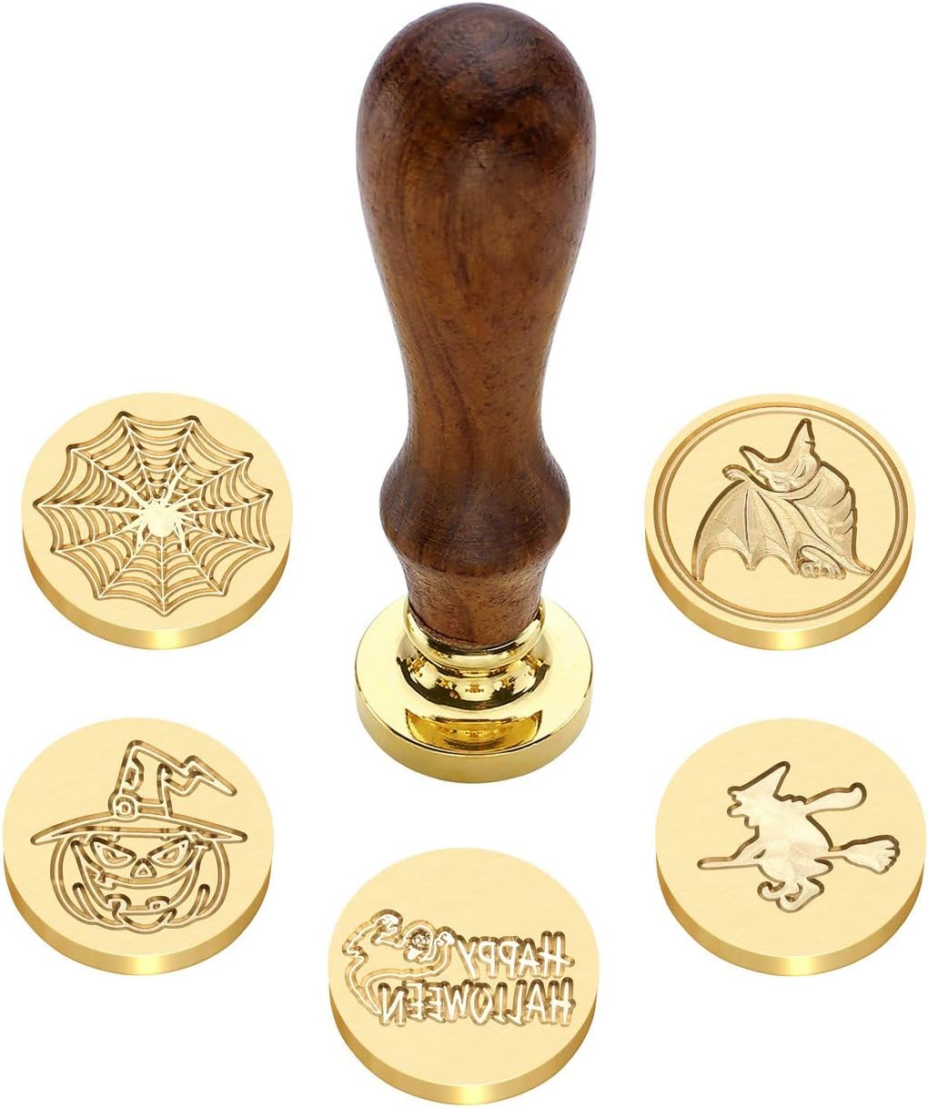 Yoption 6 Pcs Wax Seal Stamp Set, Halloween Sealing Wax Stamps Kit, Wooden Handle with Brass Head for Halloween Invitation Gift Cards