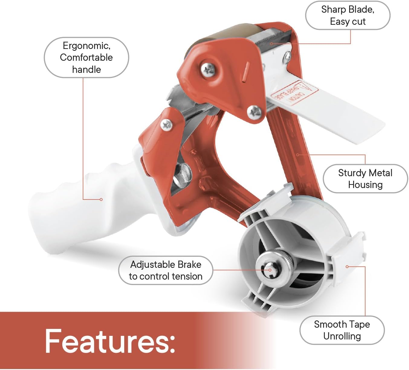 Heavy Duty Metal Frame Orange Packing Tape Dispenser 3 Inch Core with Special Ergonomic Handle, Tape Gun for Packing Boxes with Premium Tempered Steel Blade - for 2 inch Wide Roll