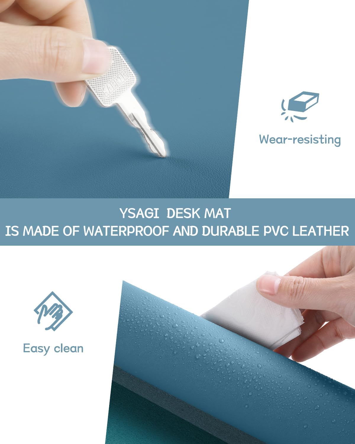 YSAGi Non-Slip Leather Desk Pad, Waterproof Laptop Computer Desk Keyboard Mat, Table Protector Blotter Mat, Large Mouse Pad for Office/Work/Home/Decor(Blue, 23.6" x 13.7")