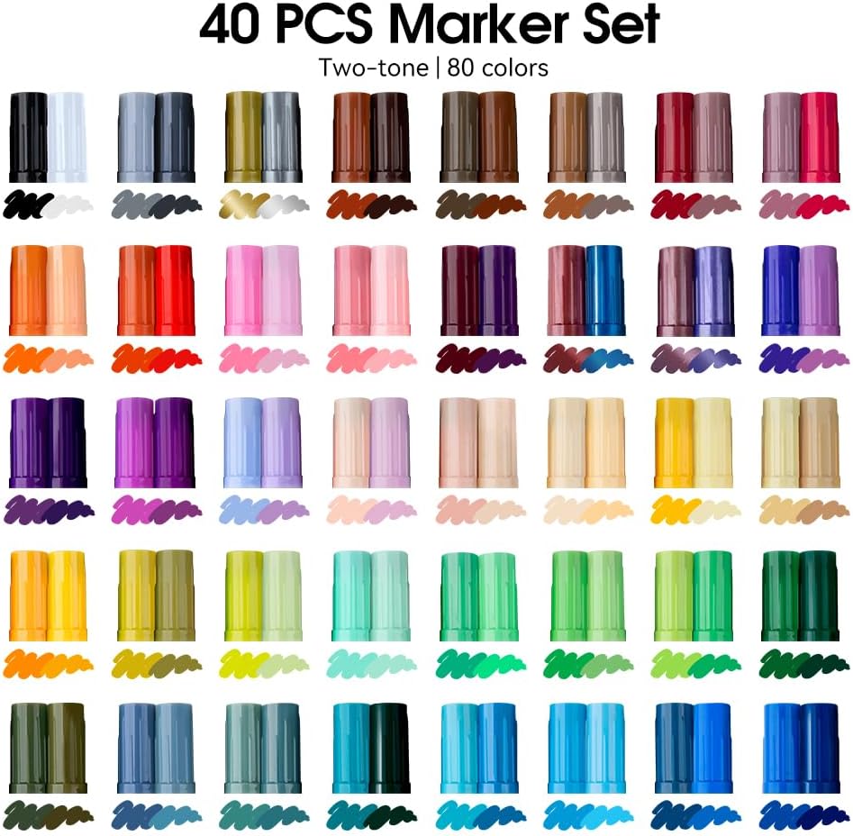 TRANSON 80 Colors Acrylic Paint Marker Set, 40 Pieces of Dual-color Acrylic Paint Pens with Brush Tips Versatile for Craft Painting, Drawing, Rock Painting, DIY, Paint on Most Surfaces