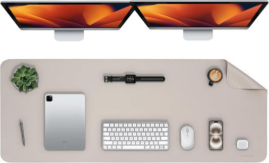 Oversized Non-Slip Desk Pad Protector – Grips Desk Firmly, Anti-Slip Like You've Never Seen! Vegan Leather Waterproof Laptop Mat for Keyboard & Mouse – Large Office Pad– Stone Gray