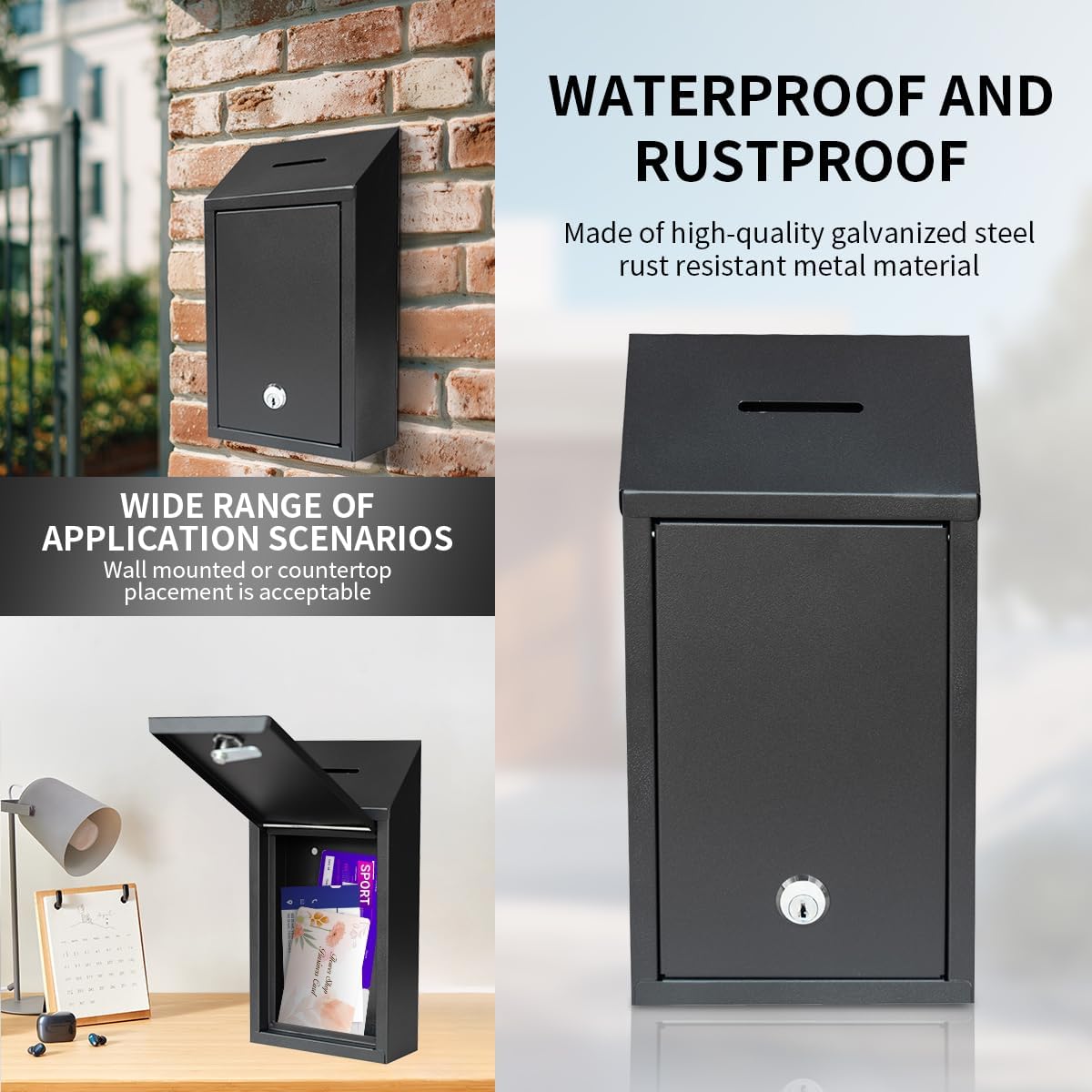 Metal Suggestion Box Cash Box Wall-Mounted & Tabletop With Lock slot for Fundraising Comment Voting Prayer Money Drop Donation for Home Office Outdoor 10.62×5.51×2.36"