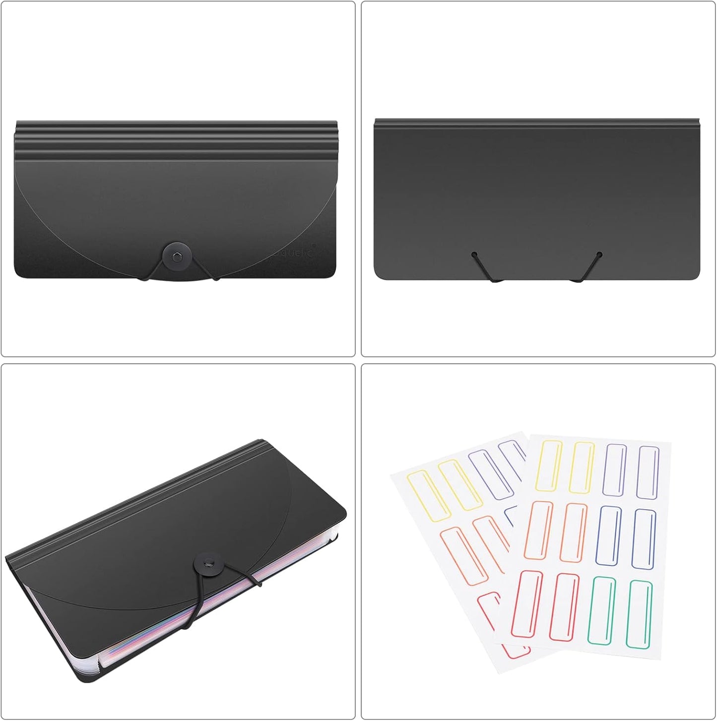 Uquelic 2 Pack Accordion File Folder - 13 Pockets Expanding Coupons Storage/Rainbow Large Capacity Bill Organizer for Desk with Label, Receipt Organizer for Business (Black&Clear)